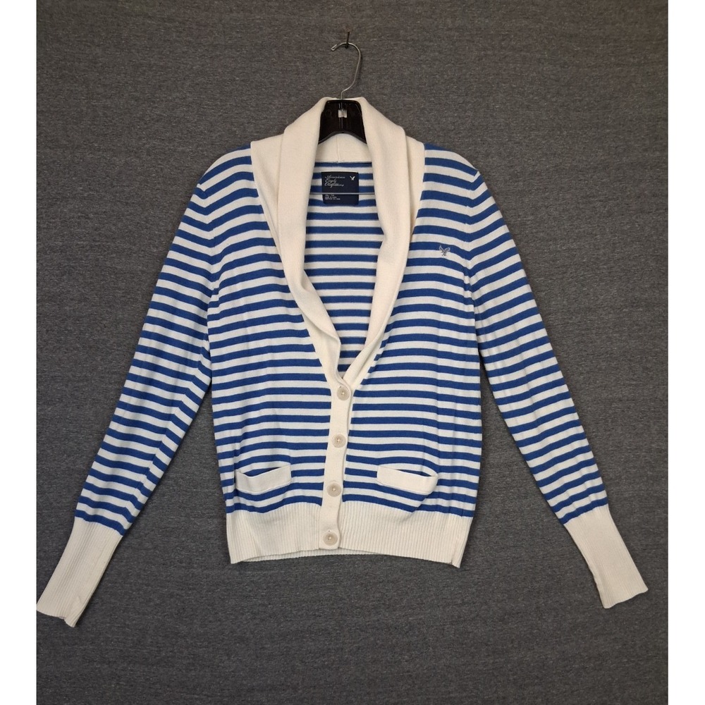 American Eagle Womens‎ Sweater XL Blue White Stripe Nautical Shawl Neck Cardigan